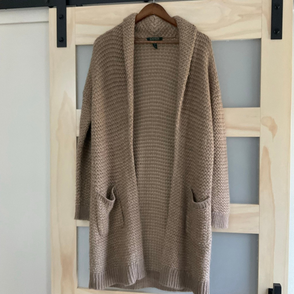 Y2K Lauren Ralph Lauren Wool Blend Longline Cardigan L Open Front